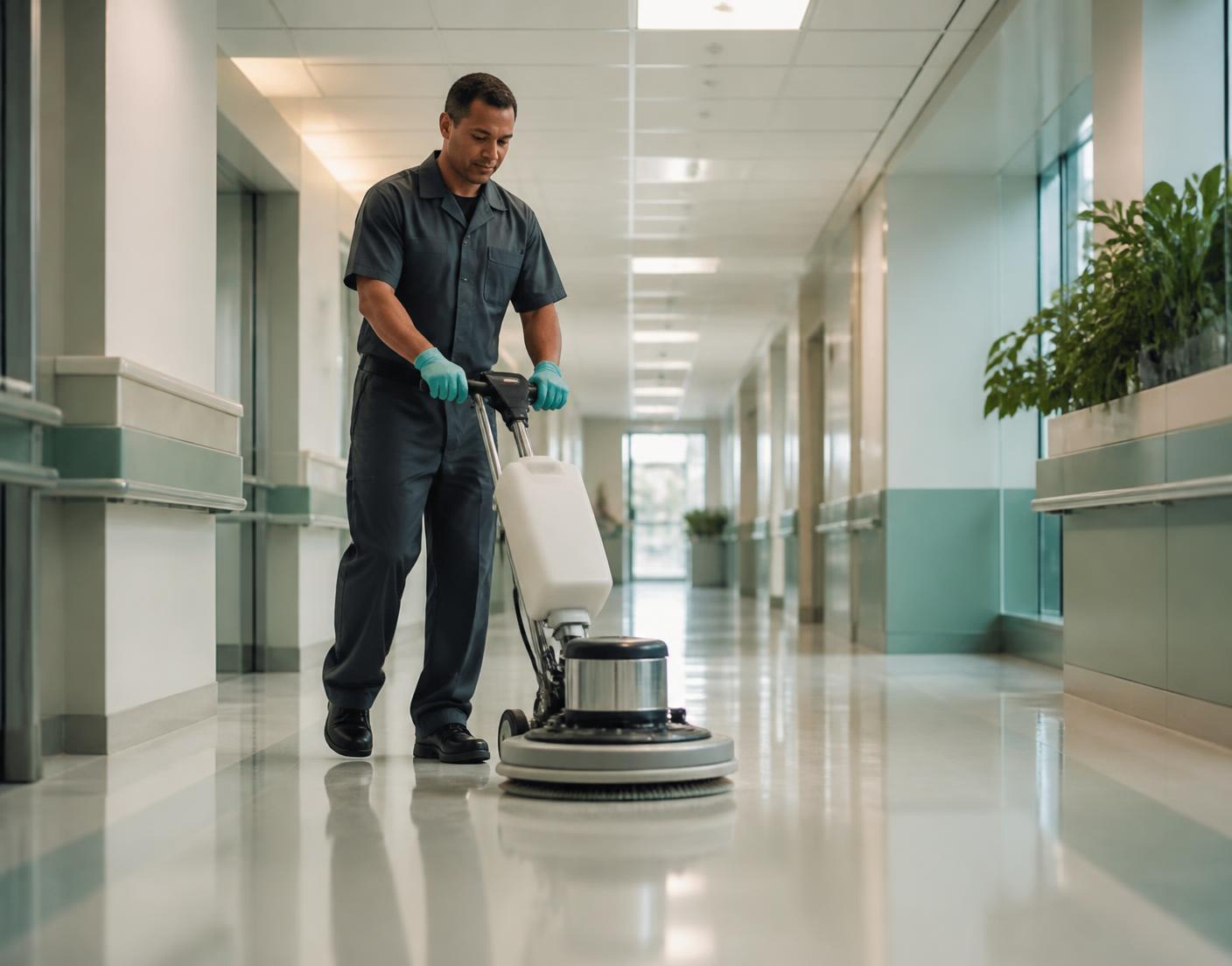 Técnico de conservação em corredor hospitalar
