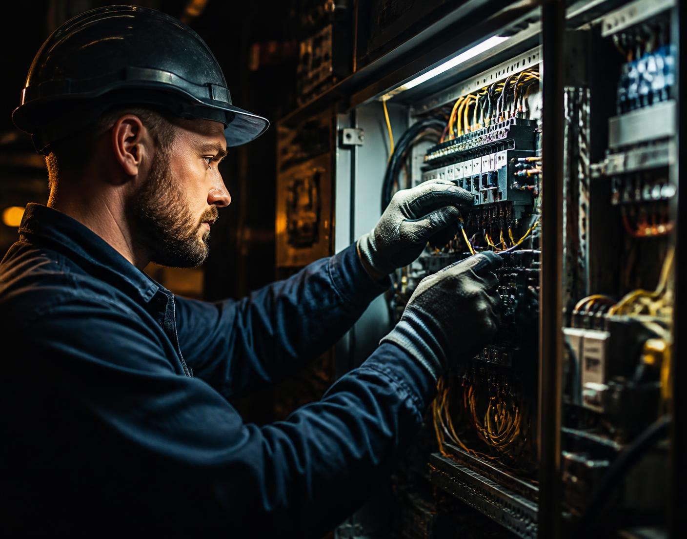 Eletricista realizando manutenção em painel elétrico industrial